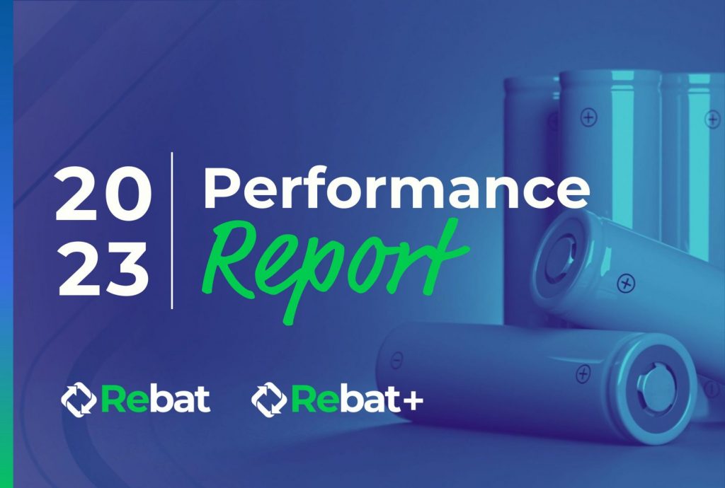 An image featuring a promotional design with the text "2023 Performance Report" in white and green font on a blue background, alongside several cylindrical batteries with "+" and "-" signs, and logos reading "Rebat" and "Rebat+".