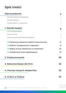 Polish table of contents titled “Spis treści” showing main sections and page numbers: Wprowadzenie (3) with three small subsections, 1. Wyniki badań (6) with four green-highlighted subsections 1.1–1.4 (pages 14–27), 2. Podsumowanie (30), 3. Rekomendacje dla firm (32), 4. Poznaj naszych ekspertów (35), and 5. O RLG w Polsce (37), set on a white page with colored divider lines and a faint page number “02” at the bottom right.