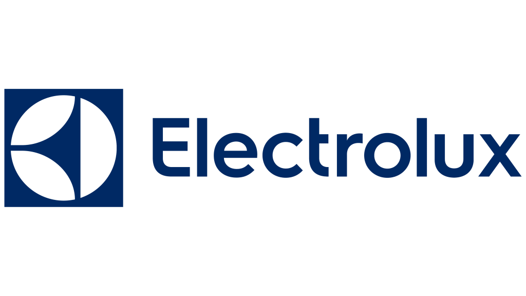 The logo of Electrolux on a green background, featuring a dark blue square with a stylized white leaf design next to the word "Electrolux" in blue uppercase lettering.