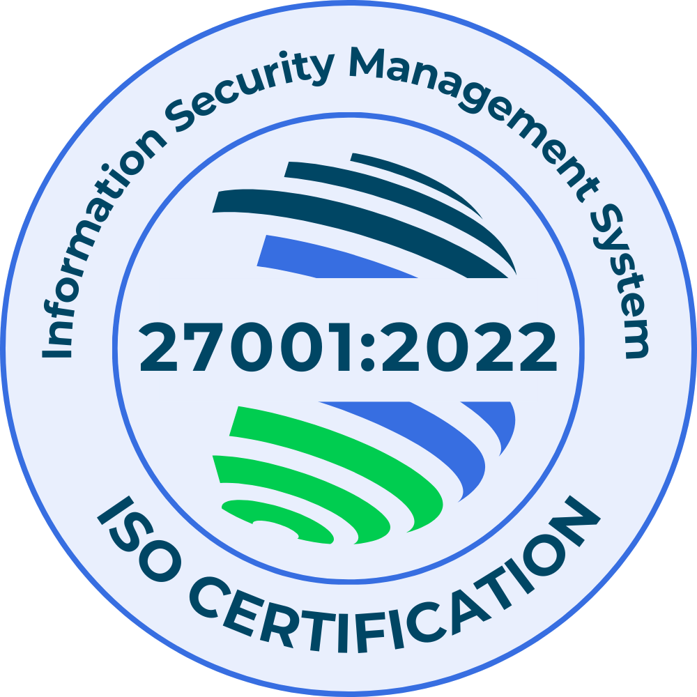 An ISO 27001:2022 Information Security Management System certification seal with blue and green curved lines in the center, indicating secure data transmission.