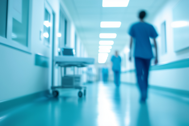 Blurred hospital hallway with medical staff in blue scrubs walking past a wheeled medical cart under bright overhead lights.