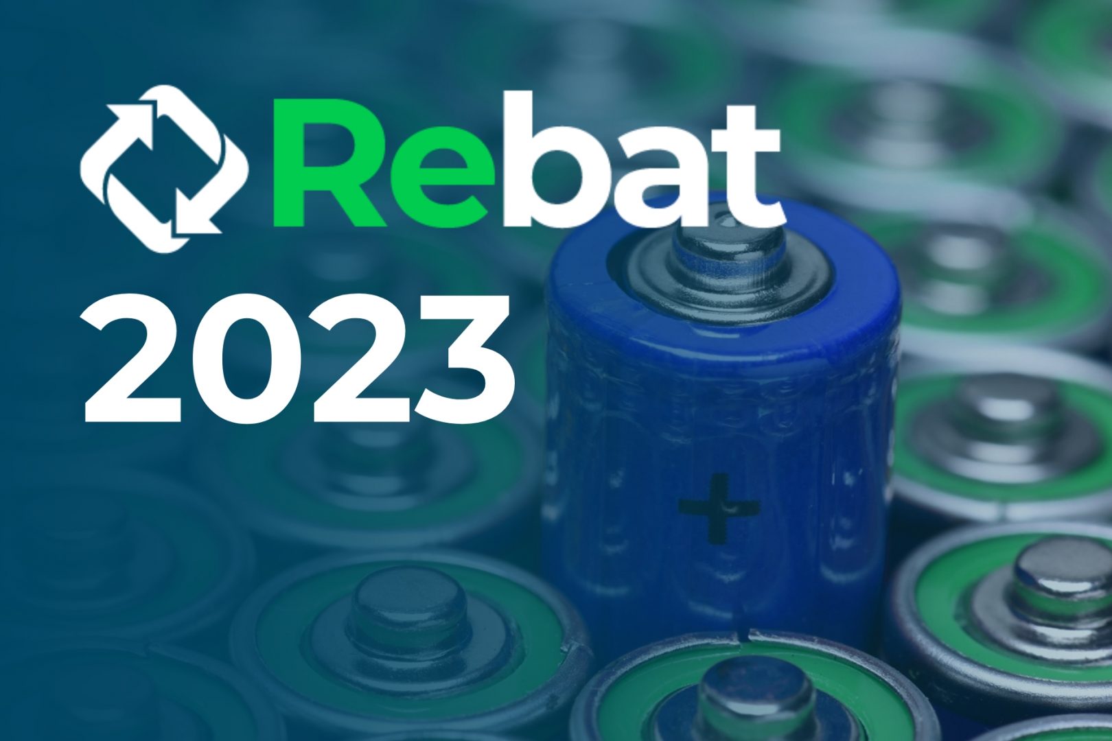 A collection of various batteries with a blue one in the foreground, overlayed by a translucent logo reading "Rebat 2023" with a recycling symbol.