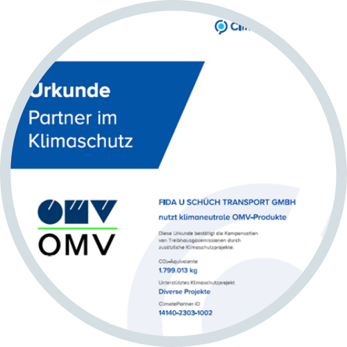Image of a certificate titled 'Urkunde Partner im Klimaschutz' awarded to 'FIDA U SCHÜCH TRANSPORT GMBH' for using climate-neutral OMV products, with logos of OMV and ClimatePartner, and text about CO2 equivalence and support for various climate protection projects.
