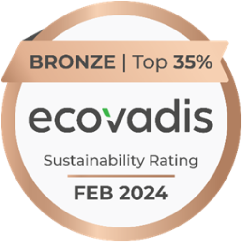 Ecovadis Sustainability Rating badge with a bronze medal indicating "Top 35%" and dated "FEB 2024".
