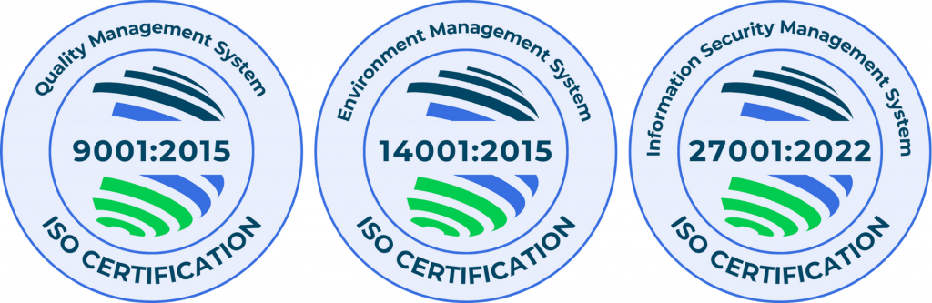 Three ISO certification seals in a row indicating quality, environmental, and information security management systems, titled ISO 9001:2015, ISO 14001:2015, and ISO 27001:2022 respectively.