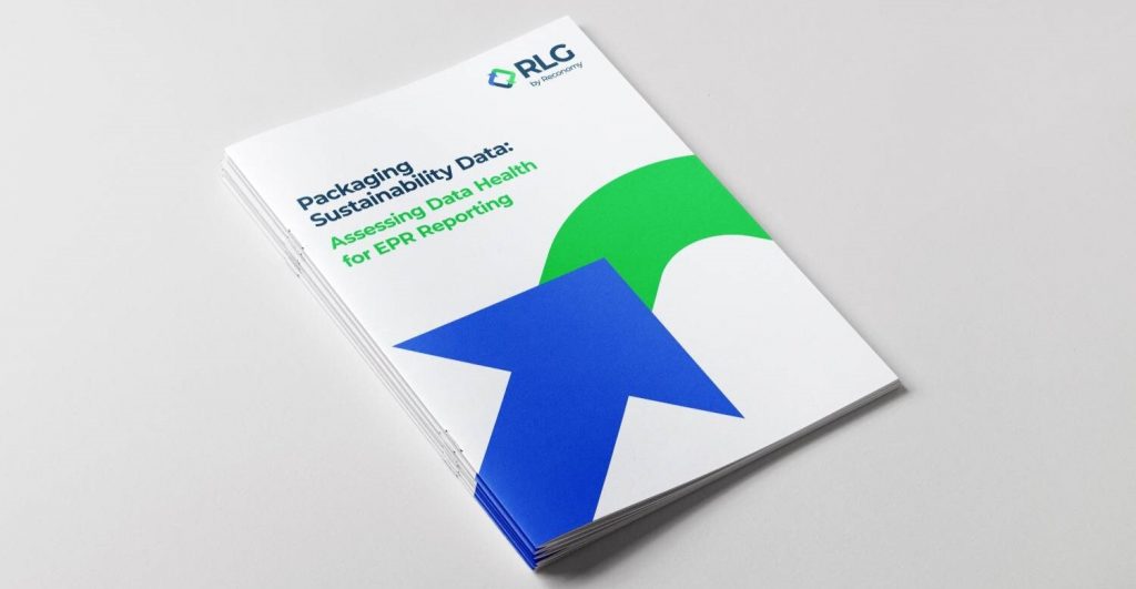 Stack of white report booklets on a light gray surface showing the cover title “Packaging Sustainability Data: Assessing Data Health for EPR Reporting,” a large blue arrow graphic, a green semicircle, and the RLG logo.