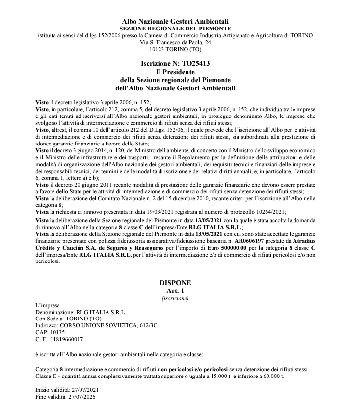 A scanned document in Italian from "Albo Nazionale Gestori Ambientali, Sezione Regionale del Piemonte," containing registration information for a company that deals with waste management, including non-hazardous and hazardous waste, with registration details, company information, and the validity dates of the registration.