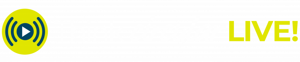Logo with text "Think circular LIVE!" featuring a yellow circle with a play icon and radiating signals in the center on a black background.