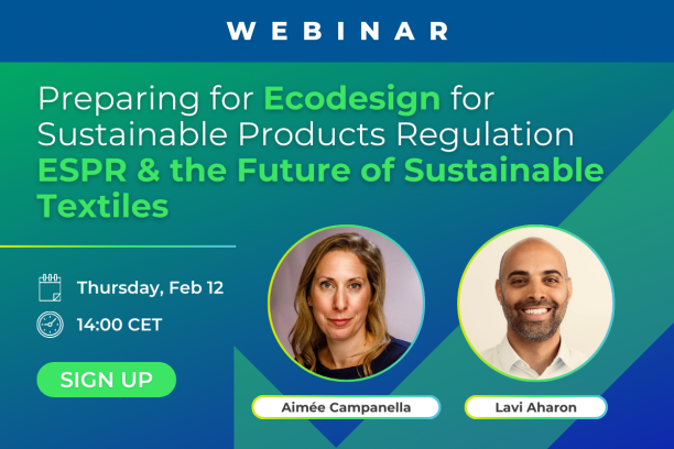 Webinar on Ecodesign and the ESPR for sustainable textiles, Feb 12 14:00 CET, sign-up button and two speaker headshots.