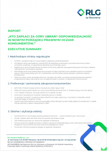 Cover page of a Polish-language report titled “Kto zapłaci za góry ubrań? Odpowiedzialność w nowym porządku prawnym oczami konsumentów” with an “Executive Summary” heading, RLG by Reconomy logo at top-right, three numbered sections summarizing regulatory changes, consumer purchasing preferences, and clothing collection/recycling, plus contact details and a green-blue branded arrow graphic in the lower-right corner.