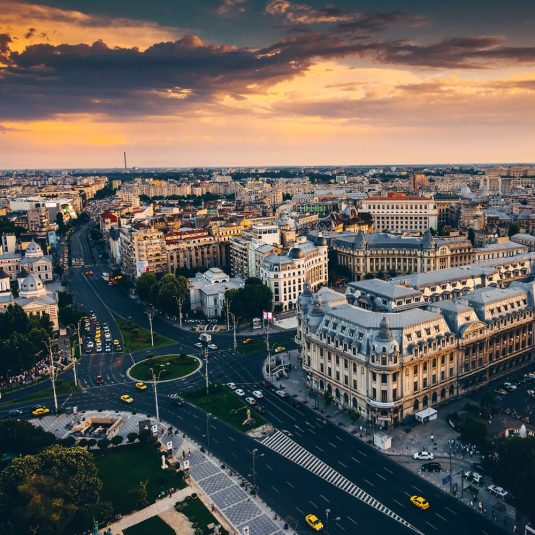 Bucharest,View,From,Above,During,Summer,Sunrise