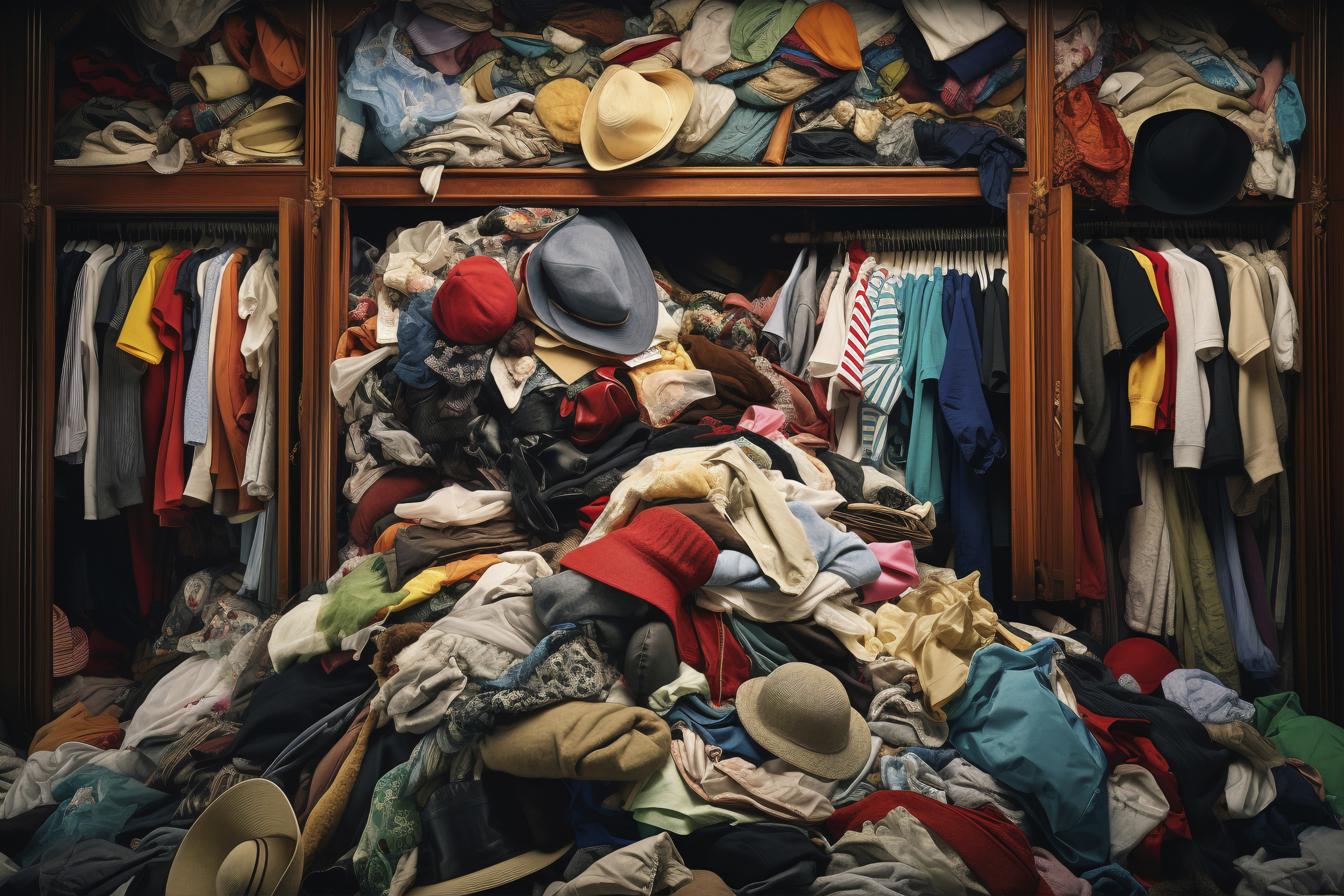 A large wooden wardrobe overflowing with a mountain of clothes, hats, and scarves spilling onto the floor, with shirts and jackets hanging on either side and colorful fabric piled high in the center and on the top shelves.