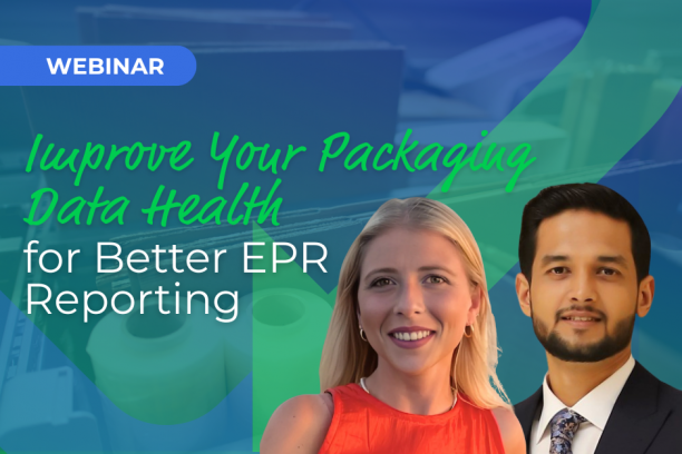 Promotional webinar graphic with headline "Improve Your Packaging Data Health for Better EPR Reporting", a 'WEBINAR' label, a blurred packaging background and two speaker headshots—a smiling blonde woman in an orange top and a bearded man in a suit—overlaid with green and blue graphic shapes.