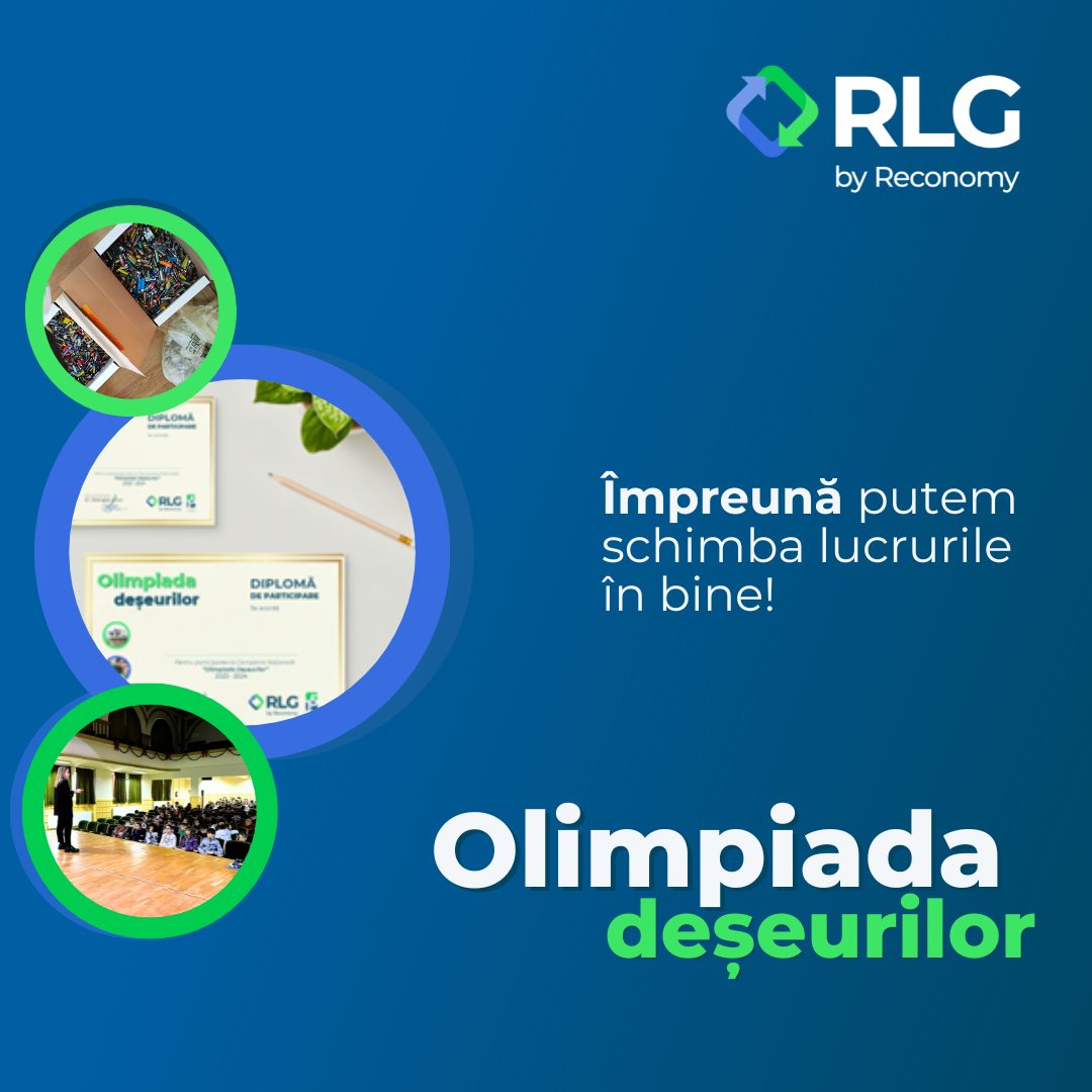 Promotional graphic for "Olimpiada deșeurilor" by RLG by Reconomy, featuring a solid blue background with the RLG logo, text in Romanian, and three circular insets displaying a classroom, a diploma, and a potted plant next to a wooden pencil.